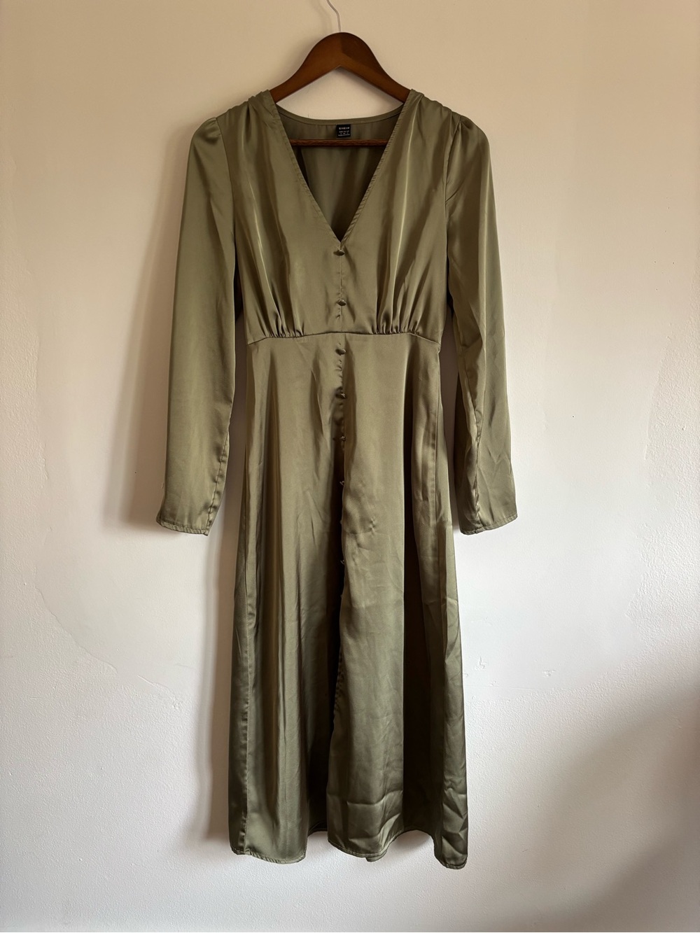 SHEIN Olive Green Long Sleeve V-Neck Button Midi Dress